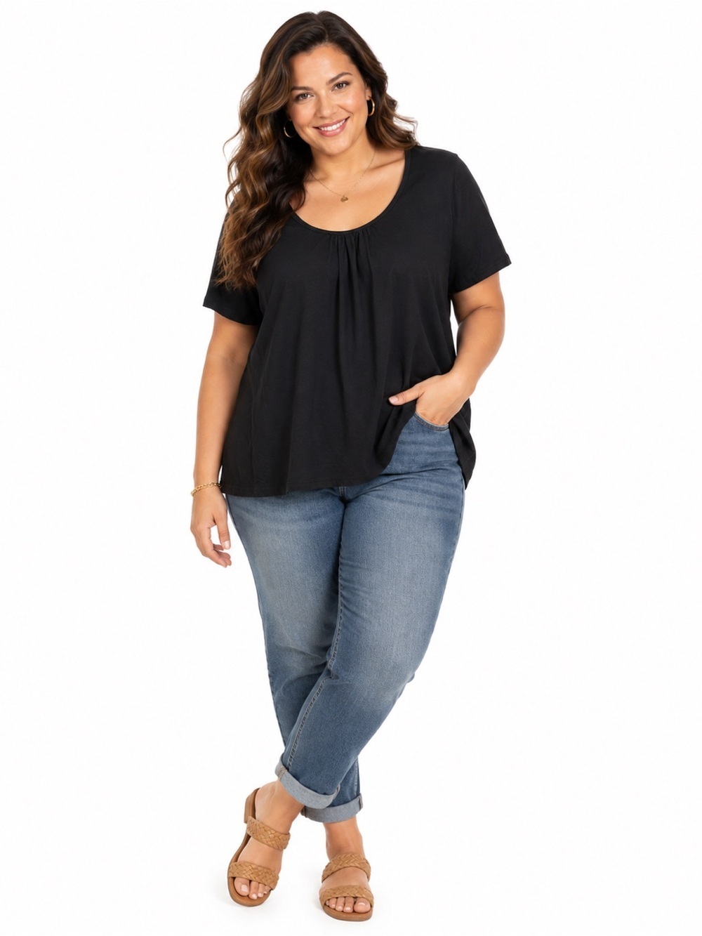 JMS Just My Size Women’s Size 24W Black Gathered Scoop Neck Short Sleeve Tee
